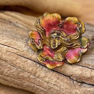 Art Nouveau Golden Pink Lady Brass Brooch