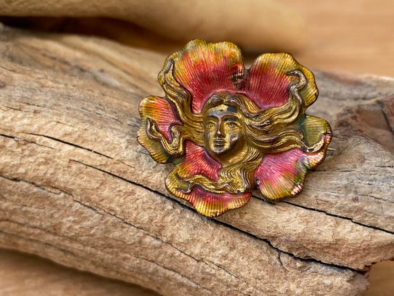 Art Nouveau Golden Pink Lady Brass Brooch - image 1