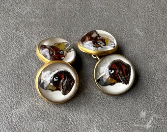 Vintage Park Bros. & Rogers DOG back painted Intaglio Glass cuff links