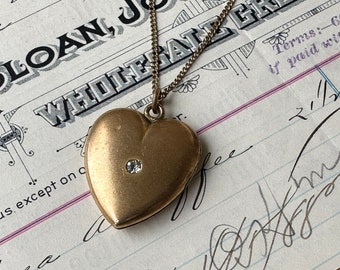 Vintage large gold filled HEART Locket with paste stone and RL initials monogrammed with 18" gold filled chain necklace
