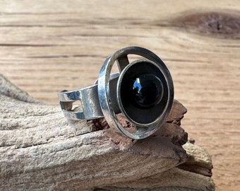Galaxy celestial brutalist silver and black onyx ring signed 835 GEP