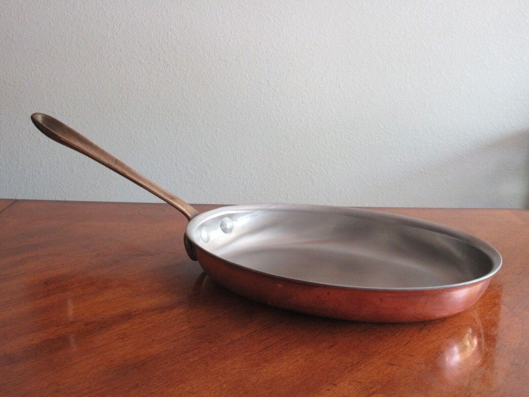Vintage Coprchef Stainless Copper Oval Skillet Pan Brass Handle 12x9