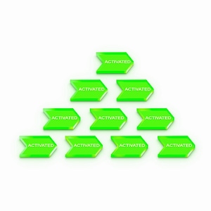 May include: A green pyramid made of arrows with the word "ACTIVATED" written on each arrow.