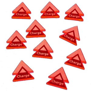 May include: Ten red plastic charge tokens for a board game. Each token is shaped like a triangle with the word "Charge" printed on it.