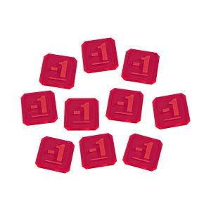 May include: Ten red plastic tokens with the number -1 printed on each. The tokens are scattered on a white background.