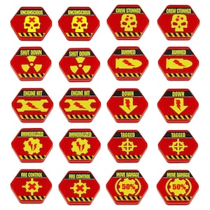 May include: A set of 16 red hexagonal game tokens with yellow and black details. Each token features a different symbol, including skulls, lightning bolts, gears, and a cross. The tokens are labeled with words like "Unconscious", "Crew Stunned", "Shut Down", "Engine Hit", "Immobilized", "Tagged", "Fire Control", "Move Damage", and "Down".