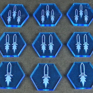 LITKO Space Missile Token Set | Acrylic 19mm Hex Missile Markers for Sci-Fi Wargames | Light, Medium & Heavy Rocket Indicator | 9 Pack