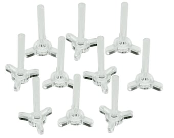 May include: Ten clear plastic miniature three-pronged stands with a small post on top.