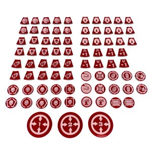 May include: A collection of red and white game tokens and markers. The tokens feature various symbols, including skulls, arrows, and numbers. The markers are in various shapes, including triangles, circles, and hexagons. These game pieces are likely for a tabletop game.