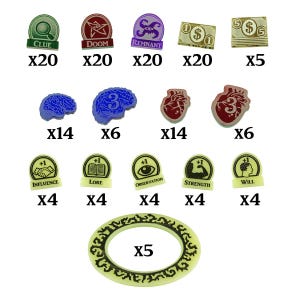 LITKO Game Upgrade Token Set Compatible with Arkham 3rd Edition | Health, Sanity, Clue, Doom, Remnant, Money, Skill & Anomaly Tokens