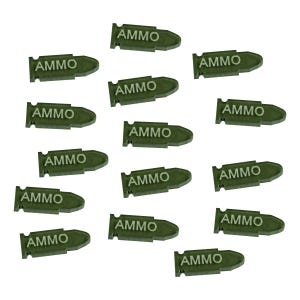 May include: A collection of 15 green plastic bullet-shaped tokens with the word "AMMO" printed on each one.