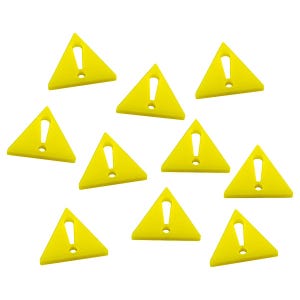 May include: Ten yellow triangle-shaped warning signs with an exclamation point in the center.