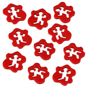 May include: Ten red plastic cookie cutters shaped like stick figures. The cutters are all the same size and shape, and they are arranged in a random pattern.