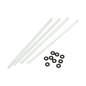 May include: Four clear glass rods and ten black rubber o-rings. The rods are about 12 inches long and the o-rings are about 1/2 inch in diameter.