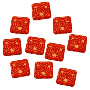 May include: Nine red dice with a gold star design. Each die has a different number of gold stars on each side.
