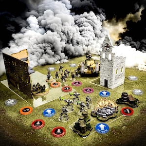 May include: A tabletop war game scene with miniature figures, a tank, and a building. The game board is green with various markers and terrain elements. A large cloud of smoke fills the background, creating a dramatic atmosphere.