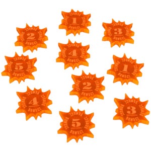 May include: Set of ten orange plastic damage tokens with numbers 1 through 5. Each token has a starburst shape with the word "DAMAGE" printed around the edge.