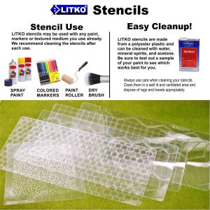 May include: A set of clear plastic stencils with various patterns, including a honeycomb, a grid, and a textured surface. The stencils are designed for use with paint, markers, or textured mediums. The image also shows various tools for applying paint, including spray paint, paint rollers, and brushes. The text on the image reads "LITKO Stencils" and "Stencil Use" and "Easy Cleanup!"