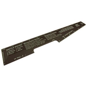 May include: A brown plastic ruler with markings for measuring movement and shooting in a tabletop game. The ruler has text that reads "Battle Round" and "Movement Notes".
