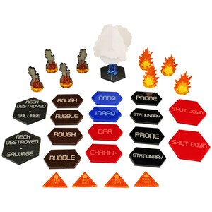 May include: A set of 20 acrylic tokens for tabletop gaming. The tokens are hexagonal and feature various colors and text, including "Mech Destroyed - Salvage", "Rough Rubble", "Naro", "Prone Stationary", "Shut Down", "DFA", "Charge", and "Torej Tuist".