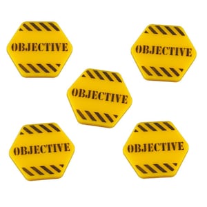 May include: Five yellow hexagonal game pieces with black stripes and the word "OBJECTIVE" printed in black.
