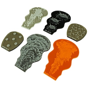 May include: Six different plastic game tokens with various designs. The tokens are shaped like clouds and have different colors and patterns. The tokens include: Minefield, Smoke, Oil Slick, Caltrops, Flamethrower, and Splatter.