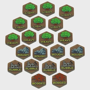 LITKO Mecha Terrain Tokens | Acrylic Hex Markers | Compatible with BattleTech | Light & Heavy Woods | Rought Ground | Rubble | Bogged Down