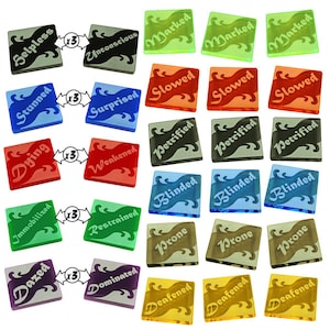 May include: A set of 18 colorful acrylic condition tokens for tabletop role-playing games. The tokens feature various conditions such as "Stunned", "Weakened", "Slowed", "Petrified", "Blinded", "Prone", "Deafened", "Selpless", "Unconscious", "Surprised", "Dying", "Immobilized", "Restrained", "Dazed", and "Dominated".