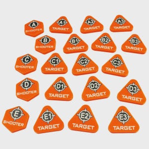 May include: An assortment of orange target markers and shooter markers. The markers are in various shapes, including hexagons and triangles, with white text indicating "Shooter" or "Target" along with letter and number combinations.