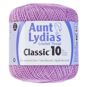 May include: A skein of Aunt Lydia's Classic 10 crochet thread in a light purple color. The label reads "Aunt Lydia's Crochet Thread Classic 10" and "100% Mercerized Cotton/Coton Mercerisé/Algodón Mercerizado".