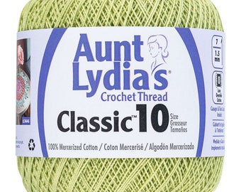 May include: A skein of Aunt Lydia's Classic 10 crochet thread in a light green color. The label reads "100% Mercerized Cotton/Coton Mercerisé / Algodón Mercerizado".