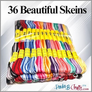 May include: A package of 36 colorful embroidery floss skeins. The skeins are in a variety of colors, including red, blue, yellow, and purple. Each skein is labeled with a yellow band. The text "36 Beautiful Skeins" is at the top.