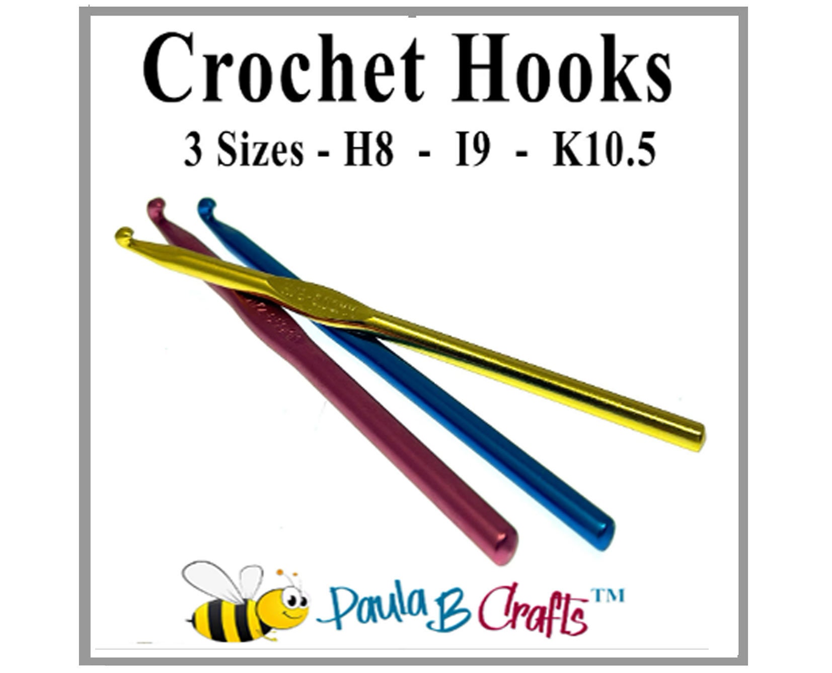 New Boye 3-Piece Aluminum Crochet Hook Set Size H-8 I-9 J-10 5.0 5.5 6.0 mm