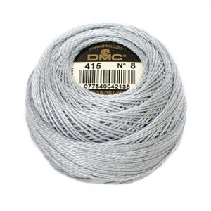 May include: A skein of DMC embroidery floss in color 415, a light gray. The skein is labeled with the DMC logo, the color number, and the number 8.