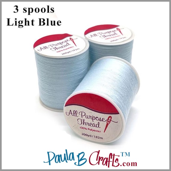 Light Blue - ALL PURPOSE THREAD - 100% Polyester Sewing Thread - 3 spools ( 200 yards per spool ) 162m - 14 Colors - PaulaBCrafts
