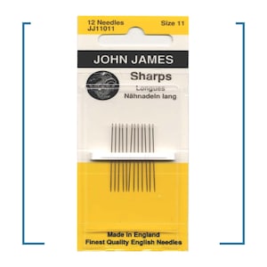 May include: A package of John James Sharps needles, size 11, containing 12 needles. The packaging is yellow and white, with text in English, French, and German. The package reads "Made in England, Finest Quality English Needles."