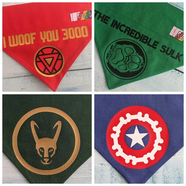 Marvelish Superhero Bandana Over the Collar, Captain Pawmerica, IronMutt, Loki, The Incredible Sulk, Marvel Parody