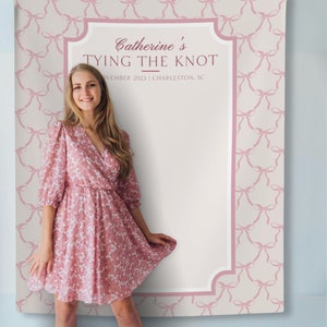 Tie the Knot Bow Bridal Shower Backdrop, Soft Girl or Coquette Aesthetic Pink Bachelorette Sign for Charleston Photobooth Banner