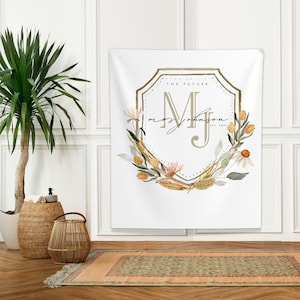 Fall Wedding Crest Bridal Shower Backdrop Sign, Custom Monogram Watercolor Logo Custom Tapestry for Garden Bridal Shower, Future Mrs Banner
