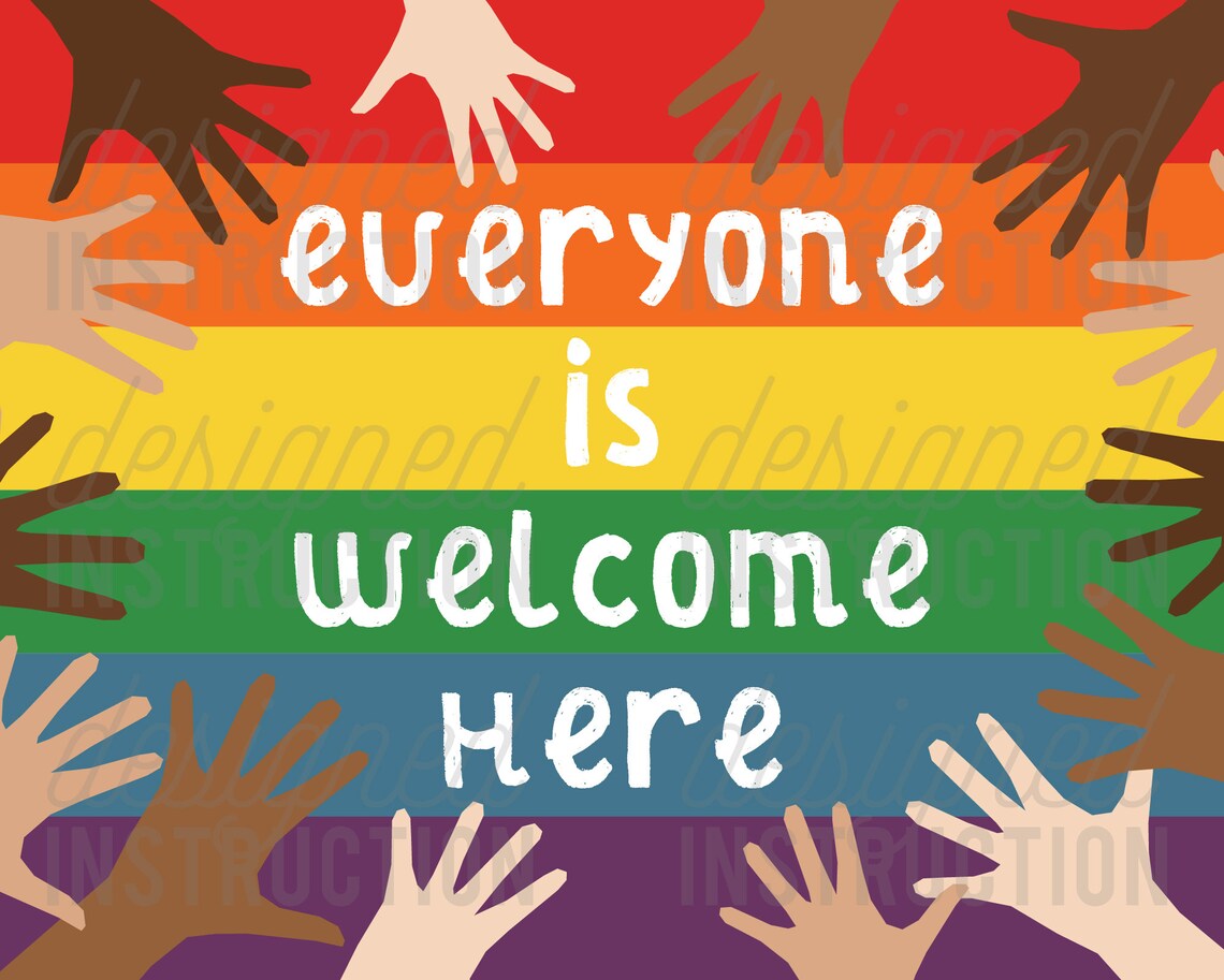 Everyone Is Welcome Here Rainbow Poster Classroom Poster Etsy