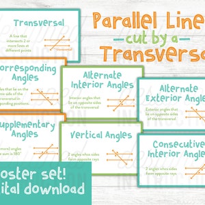 May include: A set of colorful printable posters explaining different types of angles formed when parallel lines are cut by a transversal. The posters include illustrations and definitions for corresponding angles, alternate interior angles, alternate exterior angles, supplementary angles, vertical angles, and consecutive interior angles.