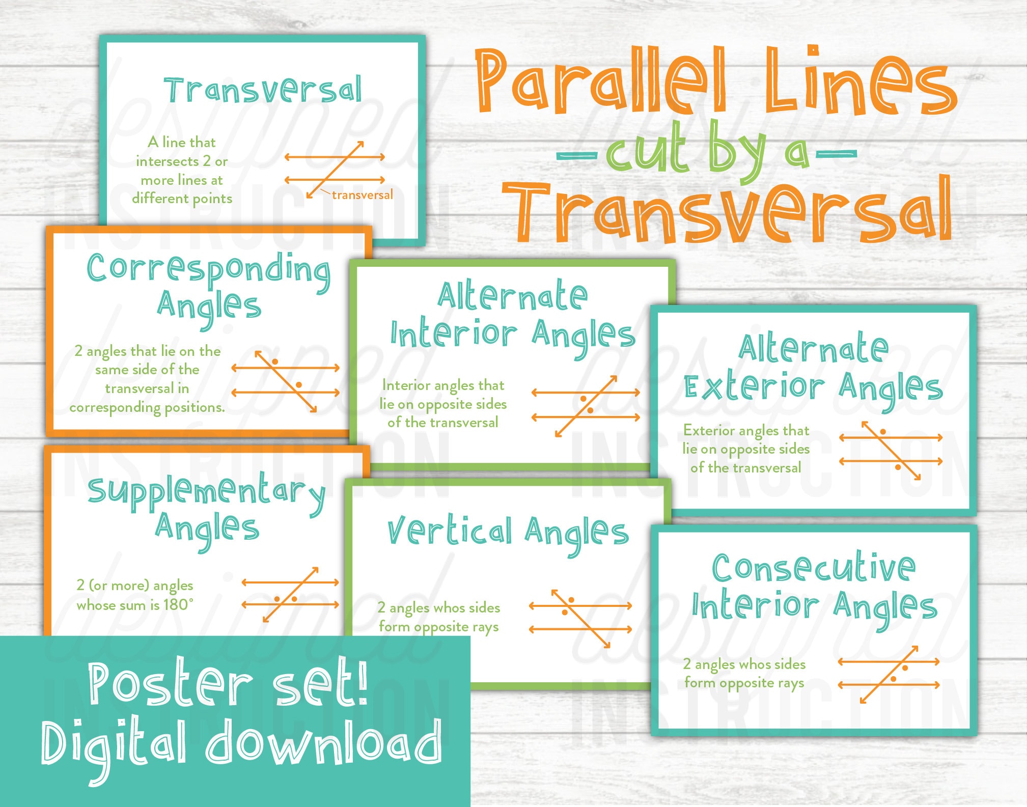 Parallel Lines Cut by a Transversal Set Instant Download Geometry