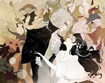 The Labyrinth / Fan art / Masquerade / Halloween / nerdy / Spooky / Gothic / art / romantic / kiss / dancing / print / Sarah / Goblin King