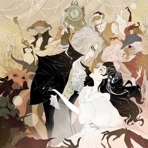 The Labyrinth / Fan art / Masquerade / Halloween / nerdy / Spooky / Gothic / art / romantic / kiss / dancing / print / Sarah / Goblin King