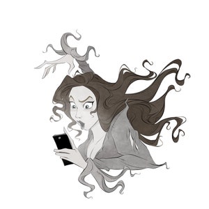 Peut inclure: Une femme aux longs cheveux bruns regarde son téléphone avec une expression choquée. Ses cheveux flottent derrière elle comme si elle était emportée par un vent violent.