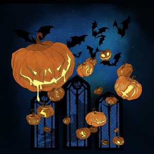 Edición limitada 14 / Haunted Houses Halloween / Fan Art / Print / Witch / Wizard / Magic / Pumpkin / Jack-O-Lantern / Ghosts / Bats / Dark