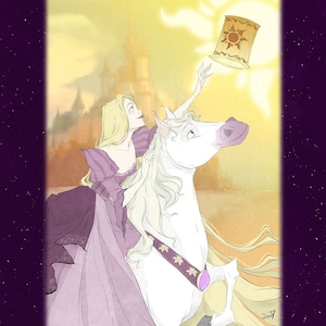 May include: A woman with long blonde hair rides a white horse, reaching for a golden lantern with a sun design. The background is a soft yellow with a castle in the distance.