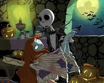 Nightmare Before Christmas / Xmas / Disney / fan art / Halloween / Jack / nerdy / Sally / Spooky / Gothic / pumpkins / art / romantic / kiss