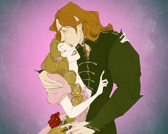 May include: A romantic illustration of a couple embracing. The woman is wearing a pink dress with floral details and the man is wearing a dark green jacket. The woman has long blonde hair and the man has long brown hair. The background is a soft purple.