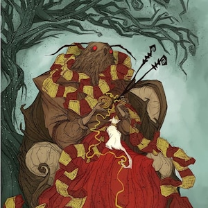 May include: A moth-like creature with red eyes sits in a chair, wearing a red and gold scarf and knitting with yellow yarn.